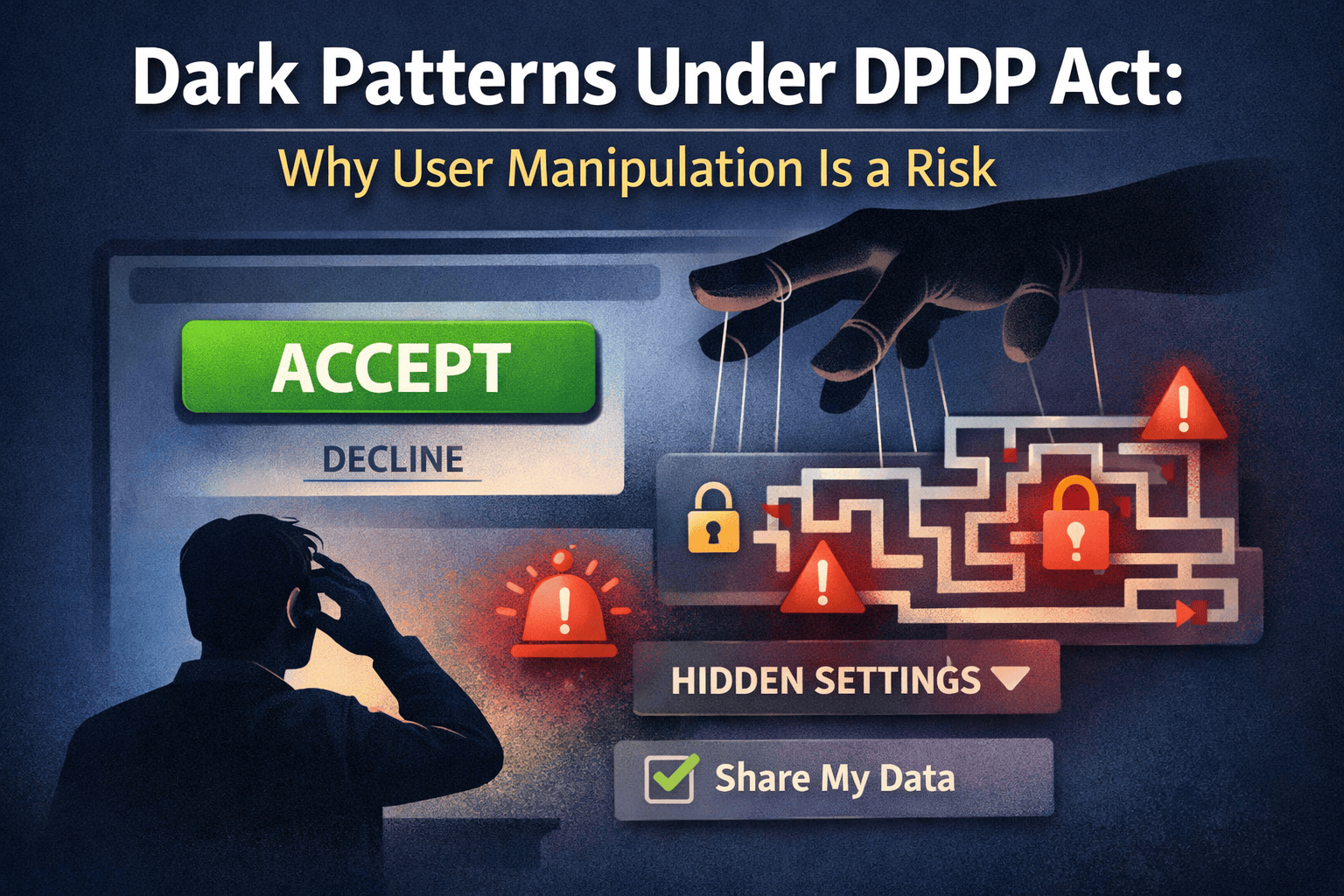 Dark patterns under DPDP Act showing manipulative consent design and hidden settings