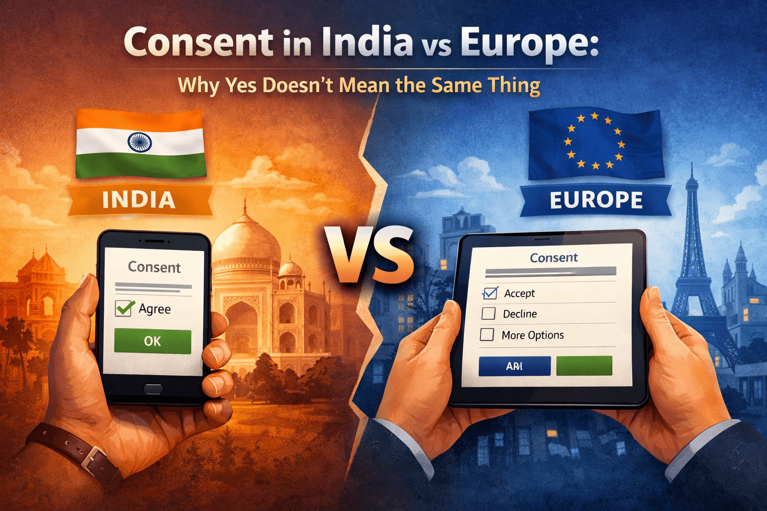 Consent in India vs Europe comparison showing DPDP Act and GDPR differences in user consent experience