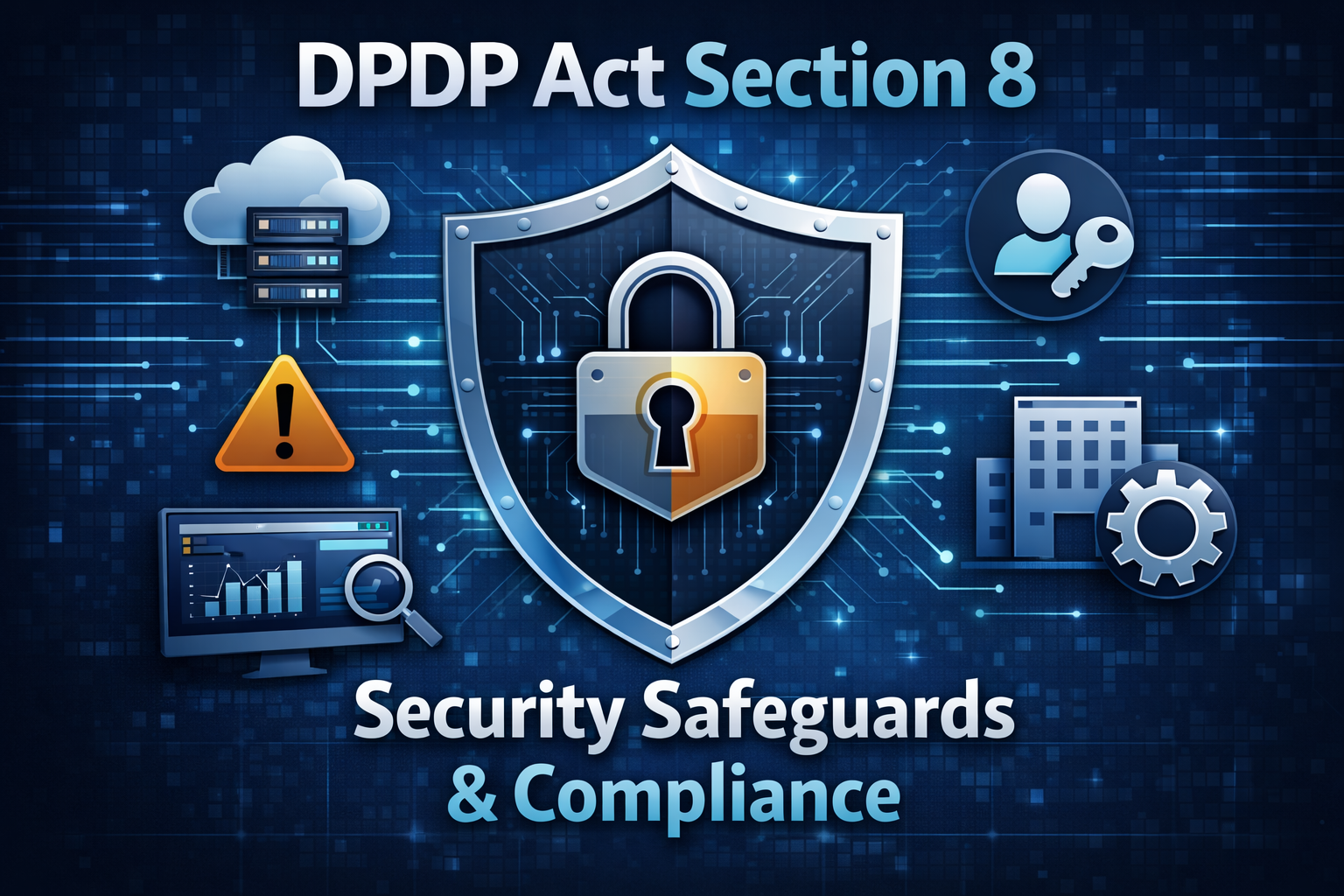 Illustration showing DPDP Act Section 8 security safeguards including cloud security, access control, monitoring, and vendor risks