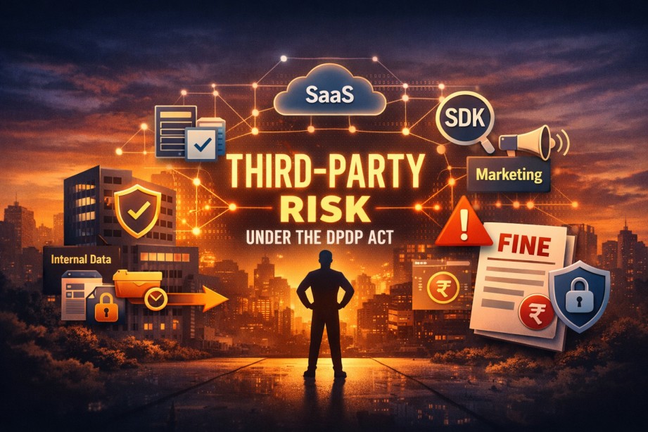 Third party vendor risk under the DPDP Act showing SaaS tools, SDKs, marketing platforms and cloud services connected to personal data flows