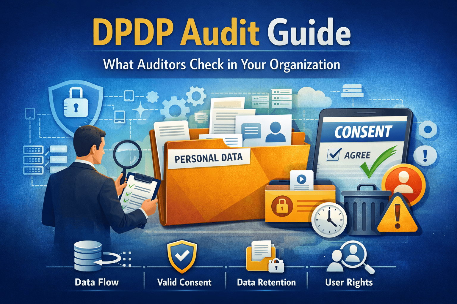 DPDP audit featured image showing data compliance process including consent management, data storage, retention, and user rights