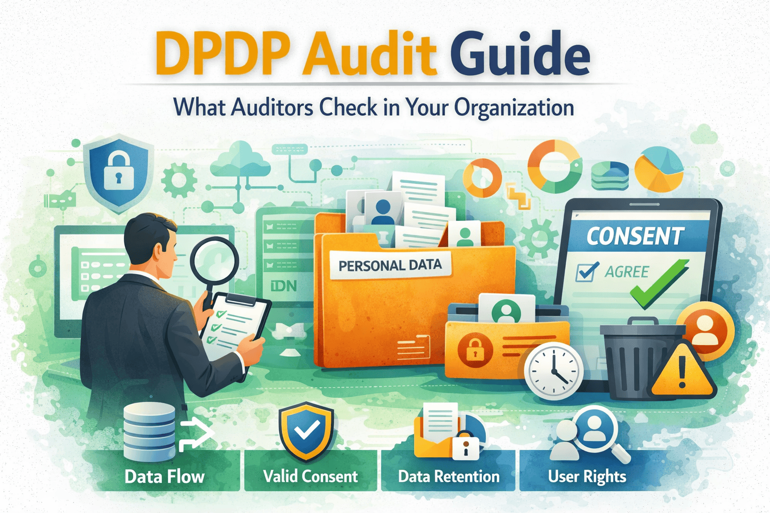 Illustration showing a DPDP audit process with auditor reviewing personal data, consent, data flow, retention, and user rights