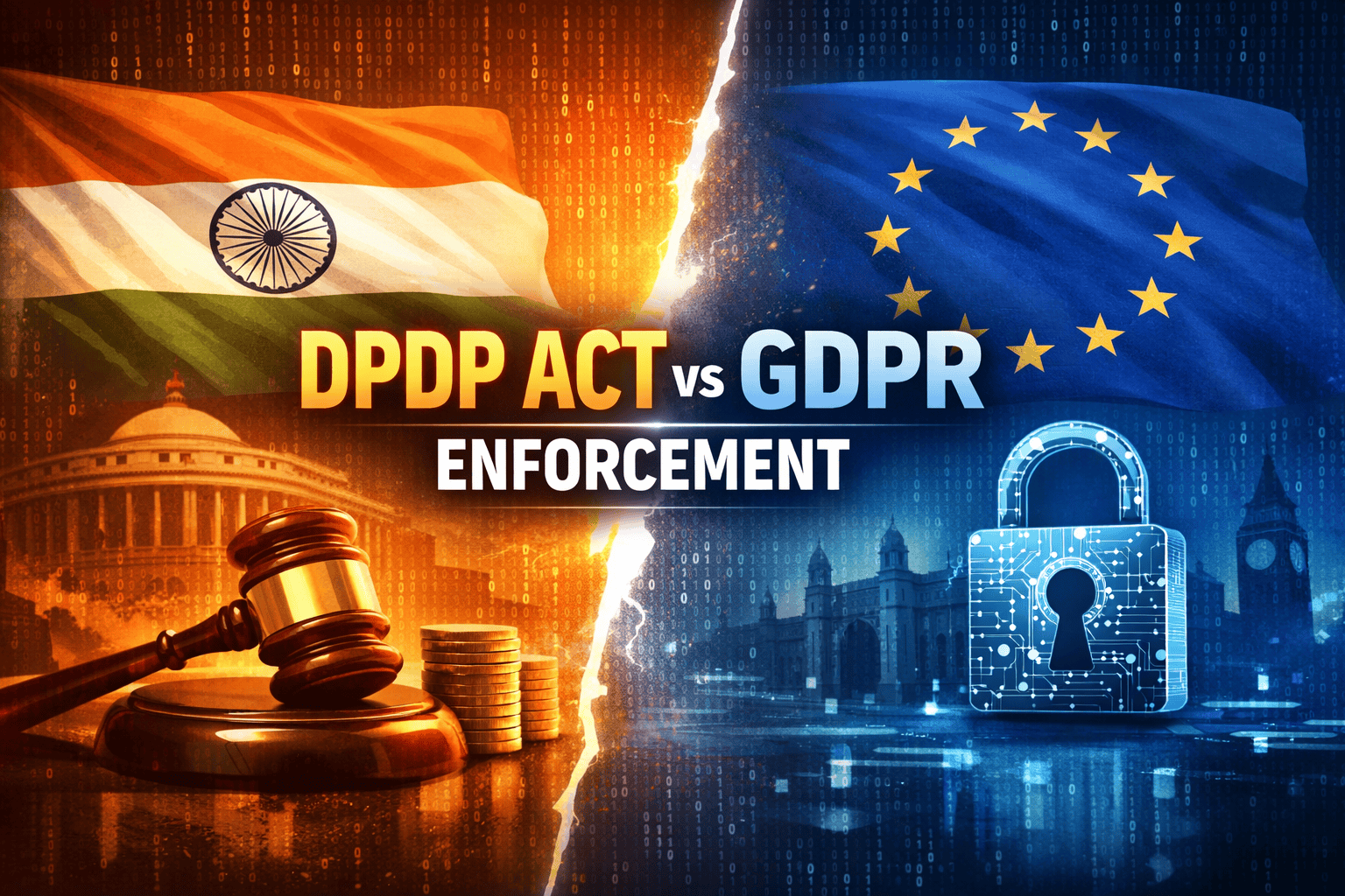 DPDP Act vs GDPR enforcement comparison showing India and EU data protection laws with symbols of regulation, fines, and digital privacy