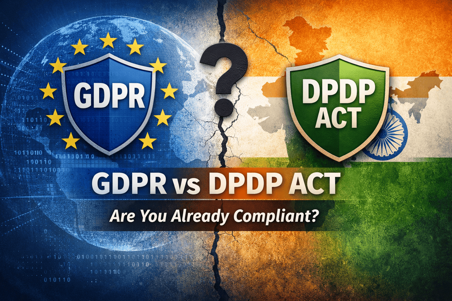 Illustration showing GDPR vs DPDP Act compliance comparison asking if GDPR compliance ensures readiness for India data protection law