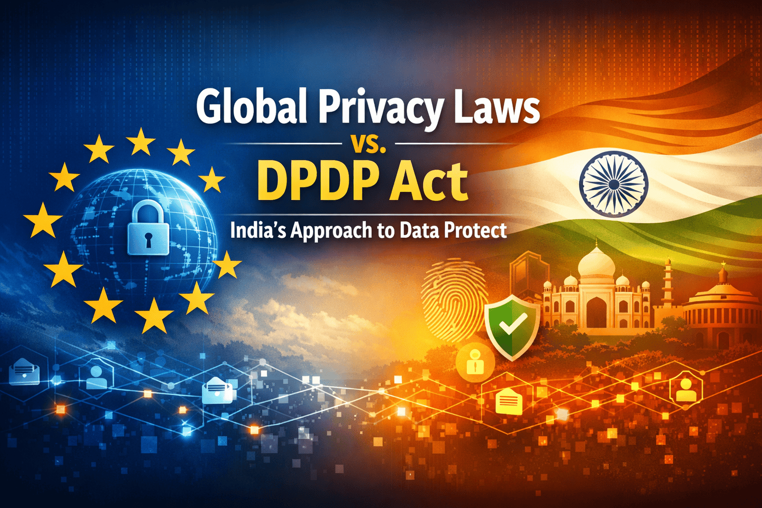Illustration comparing global privacy laws and the DPDP Act highlighting India’s approach to data protection and compliance