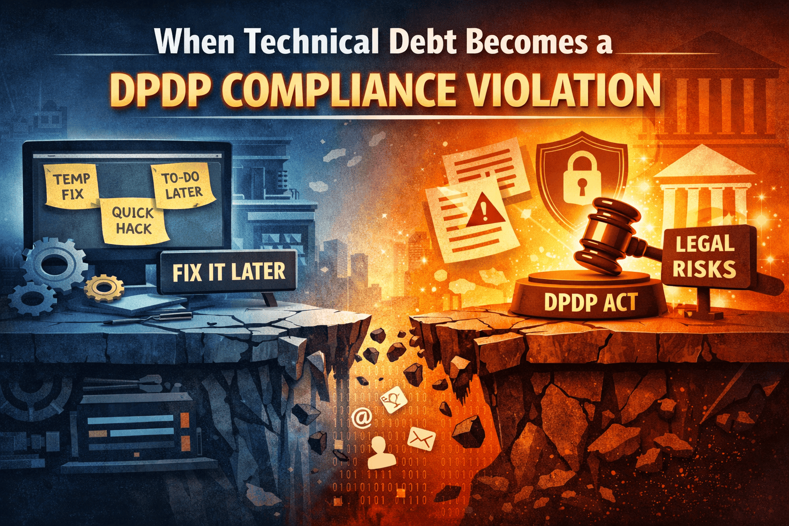 Illustration showing how technical debt and delayed fixes lead to DPDP compliance violations and legal risks