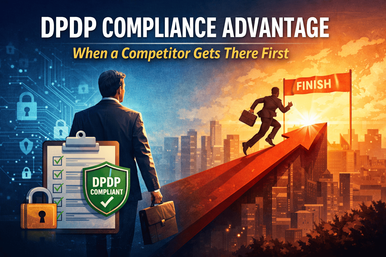DPDP compliance advantage illustration showing a competitor reaching compliance first and gaining business and trust benefits
