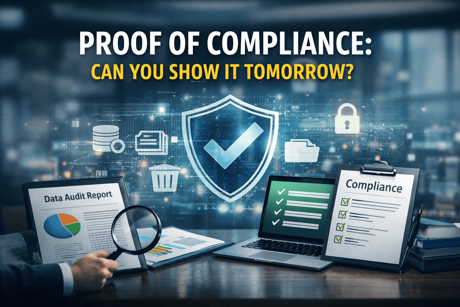 Proof of compliance showing audit readiness with data reports, checklist, and system verification elements
