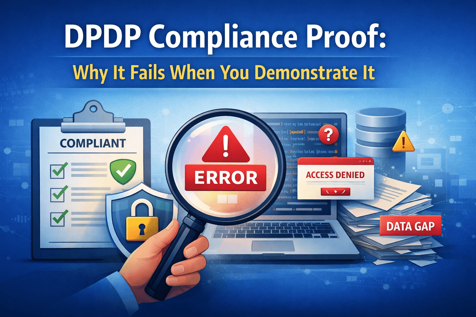 Illustration showing DPDP compliance proof challenges with audit errors, data gaps, and system failures during compliance demonstration