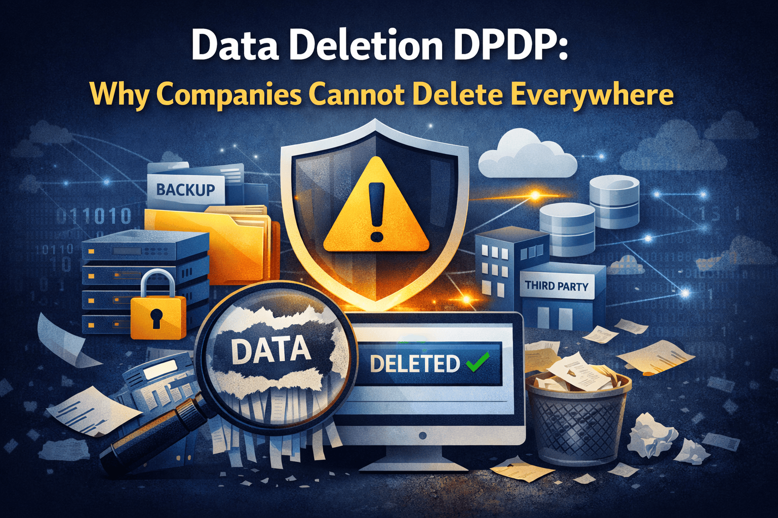 Data Deletion DPDP illustration showing incomplete data removal across backups, servers, and third-party systems
