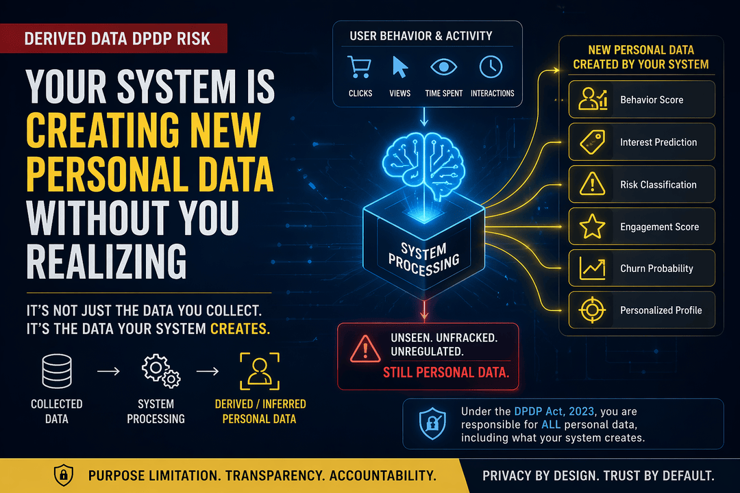 Derived data DPDP risk showing how systems generate new personal data through analytics, scoring, and user behavior processing